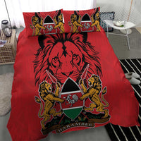 Red bedding set featuring lion and coat of arms emblem on duvet with two matching pillows