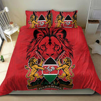 Red duvet and two pillows with large lion face and coat of arms crest