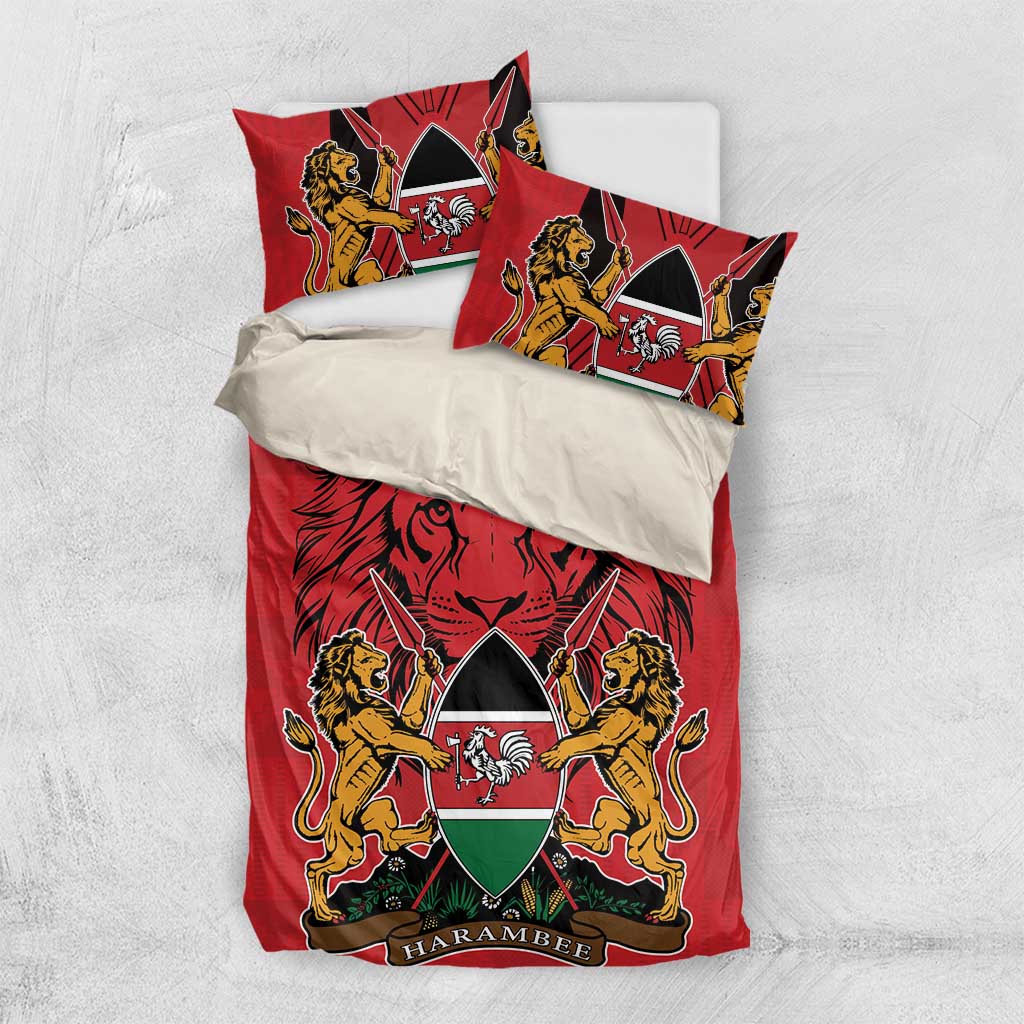Red bedding set with coat of arms crest, lion artwork, and two matching pillow shams