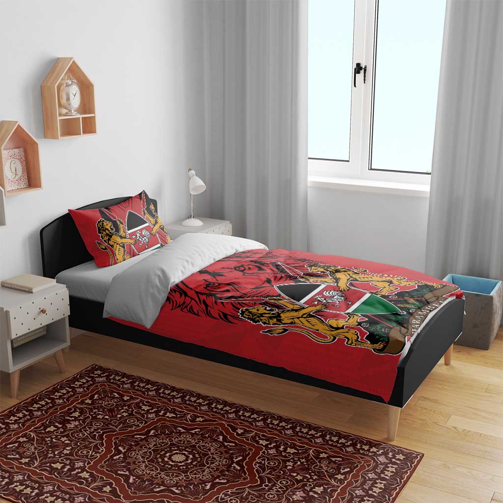 Red duvet with lion and coat of arms design, styled with matching pillow shams
