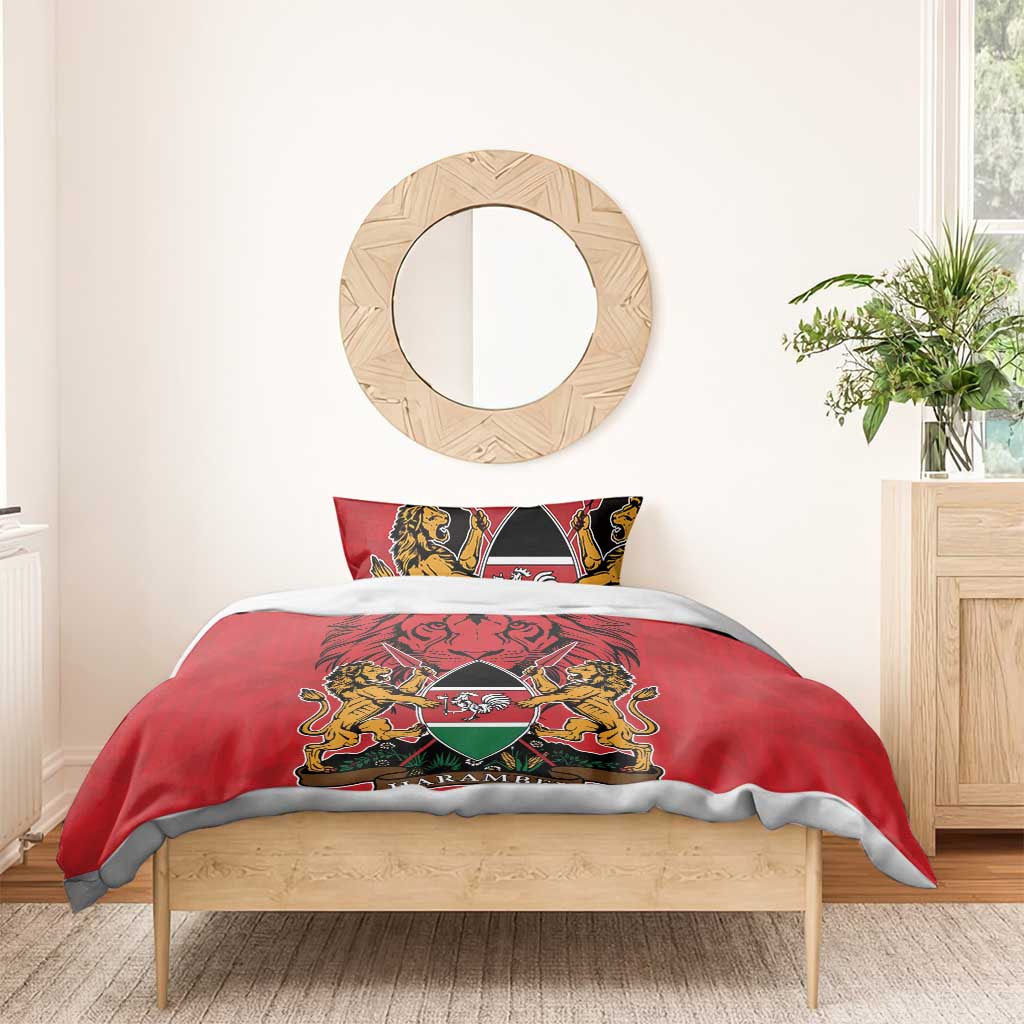 Red duvet and pillow shams with lion crest and coat of arms graphic