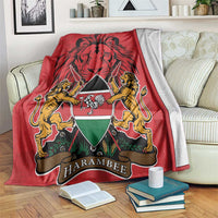 Red Kenya coat of arms blanket with lion graphic and Harambebe emblem, draped over chair