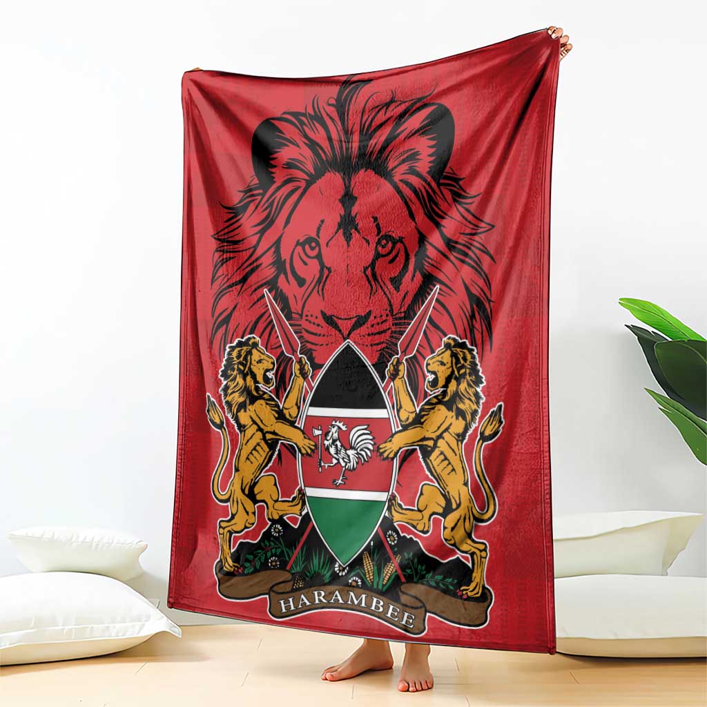 Red Kenya coat of arms blanket with lion graphic and Harambebe emblem, draped