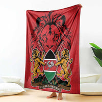 Red Kenya coat of arms blanket with lion graphic and Harambebe emblem, draped
