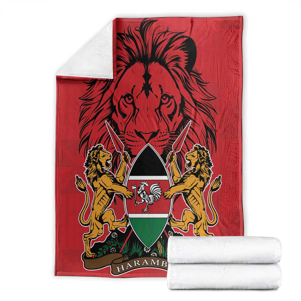 Red Kenya coat of arms blanket with lion graphic and Harambebe text, folded stack