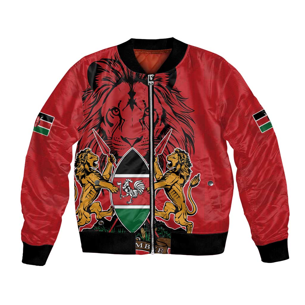 Red bomber jacket with black ribbed collar, front zipper, and lion crest graphic
