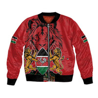 Red bomber jacket with black ribbed collar, front zipper, and lion crest graphic