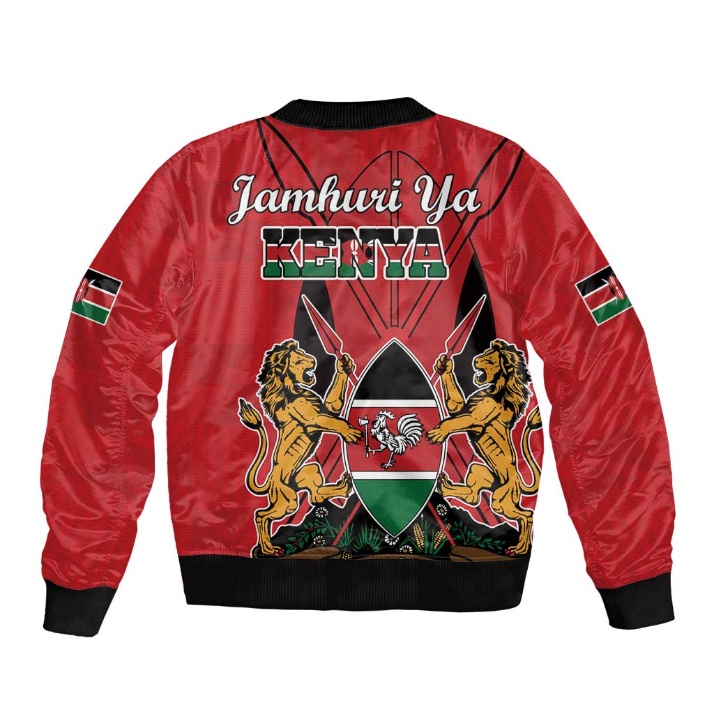 Red bomber jacket with black ribbed hem, back 'Jamhuri ya Kenya' crest graphic
