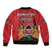 Red bomber jacket with black ribbed hem, back 'Jamhuri ya Kenya' crest graphic