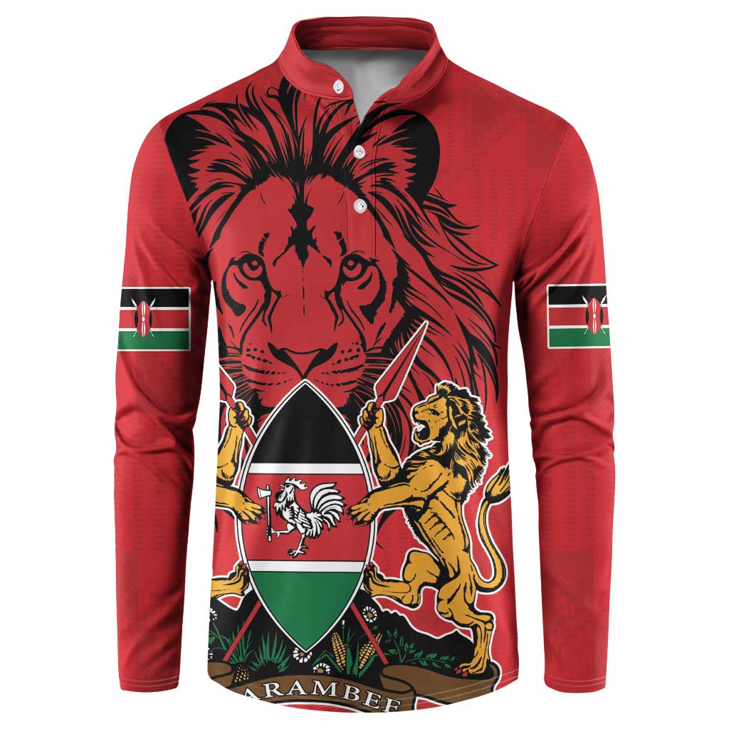 Red long-sleeve button sweatshirt with front lion coat-of-arms graphic and Kenya flag sleeve patches
