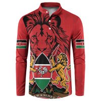 Red long-sleeve button sweatshirt with front lion coat-of-arms graphic and Kenya flag sleeve patches
