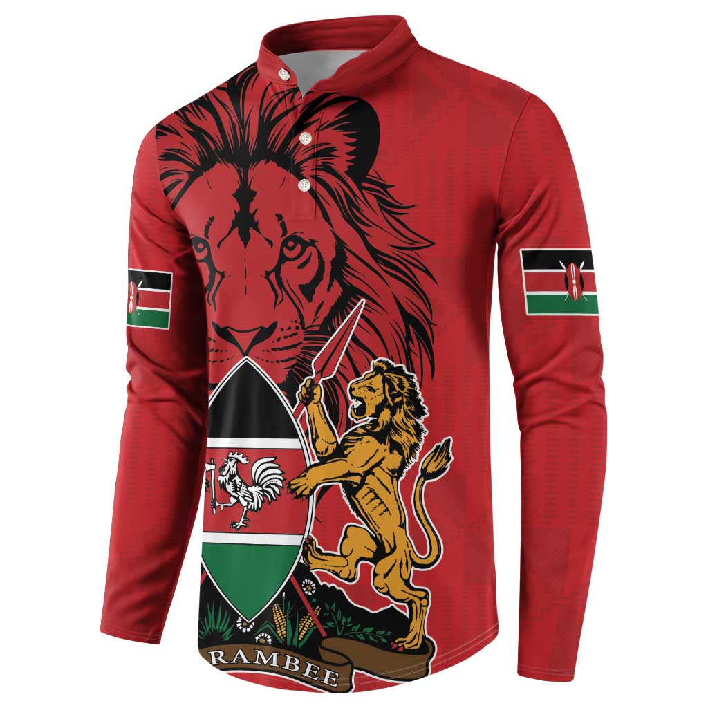 Red long-sleeve button sweatshirt with lion face coat-of-arms graphic and Kenya flag sleeve patches
