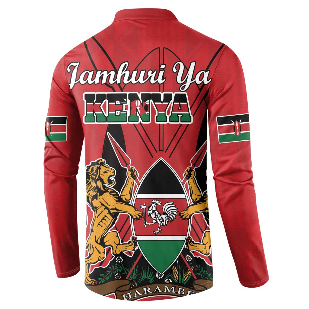 Red long-sleeve button sweatshirt with Kenya coat-of-arms graphic, text on back, flag sleeve patches