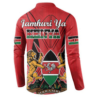 Red long-sleeve button sweatshirt with Kenya coat-of-arms graphic, text on back, flag sleeve patches