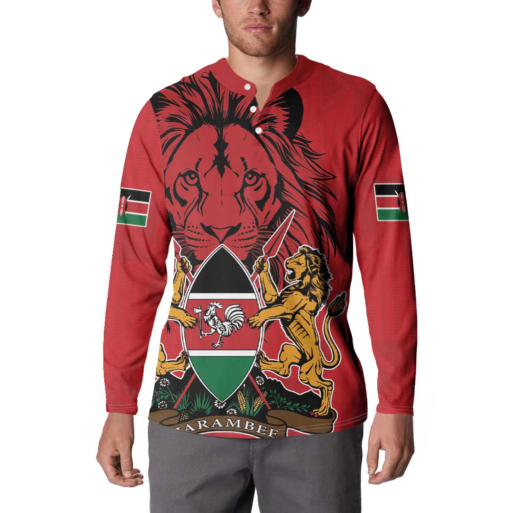 Red long-sleeve button sweatshirt with full crest graphic, lion motifs, Kenya flag sleeve patches