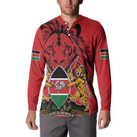 Red long-sleeve button sweatshirt with full crest graphic, lion motifs, Kenya flag sleeve patches