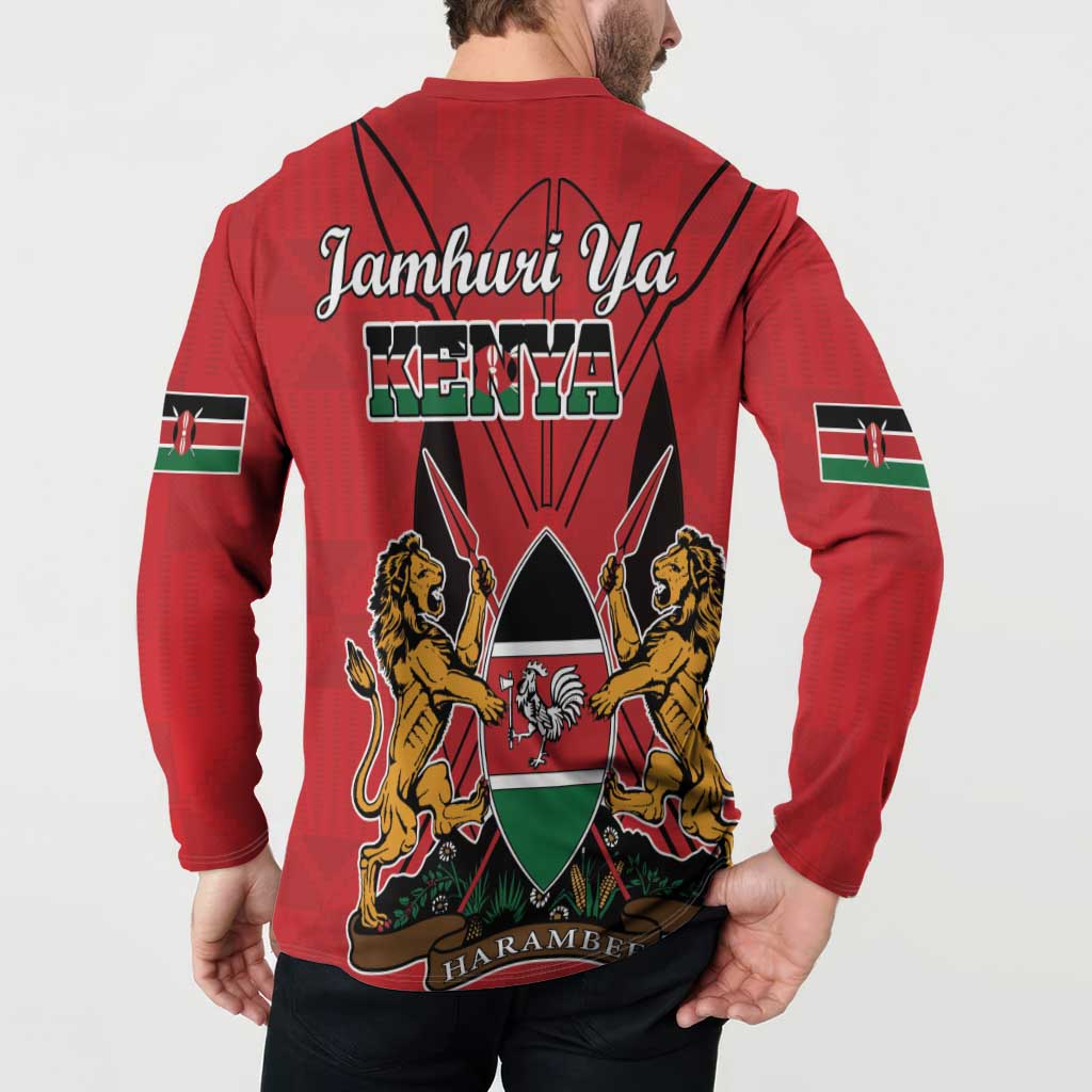 Red long-sleeve button sweatshirt, back coat-of-arms crest, Kenya text, flag sleeve patches