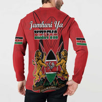 Red long-sleeve button sweatshirt, back coat-of-arms crest, Kenya text, flag sleeve patches