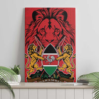 Red lion coat of arms canvas wall art mounted on wall with shield and lions