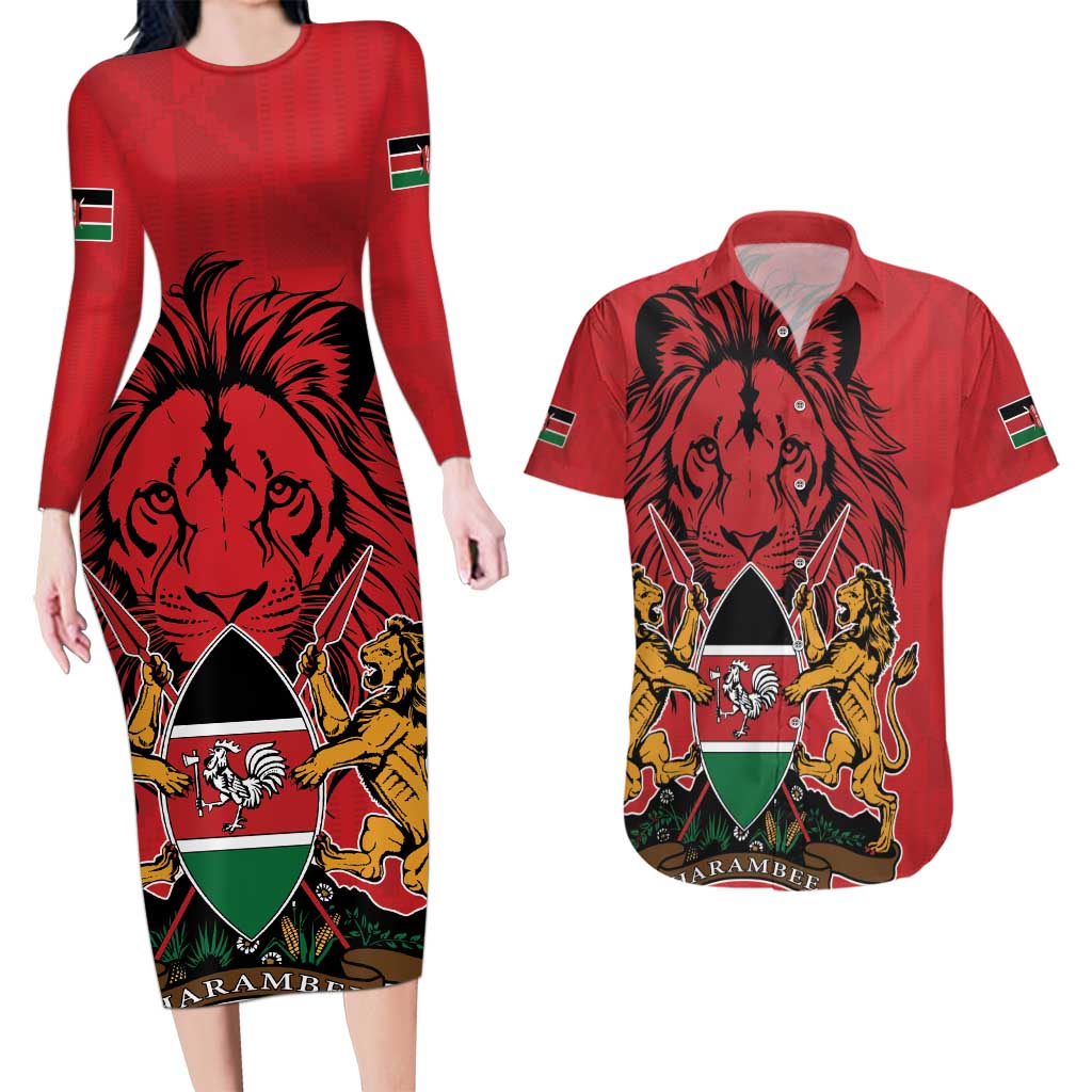 Kenya Couples Matching Long Sleeve Bodycon Dress and Hawaiian Shirt Coat Of Arms With Kente Patterns