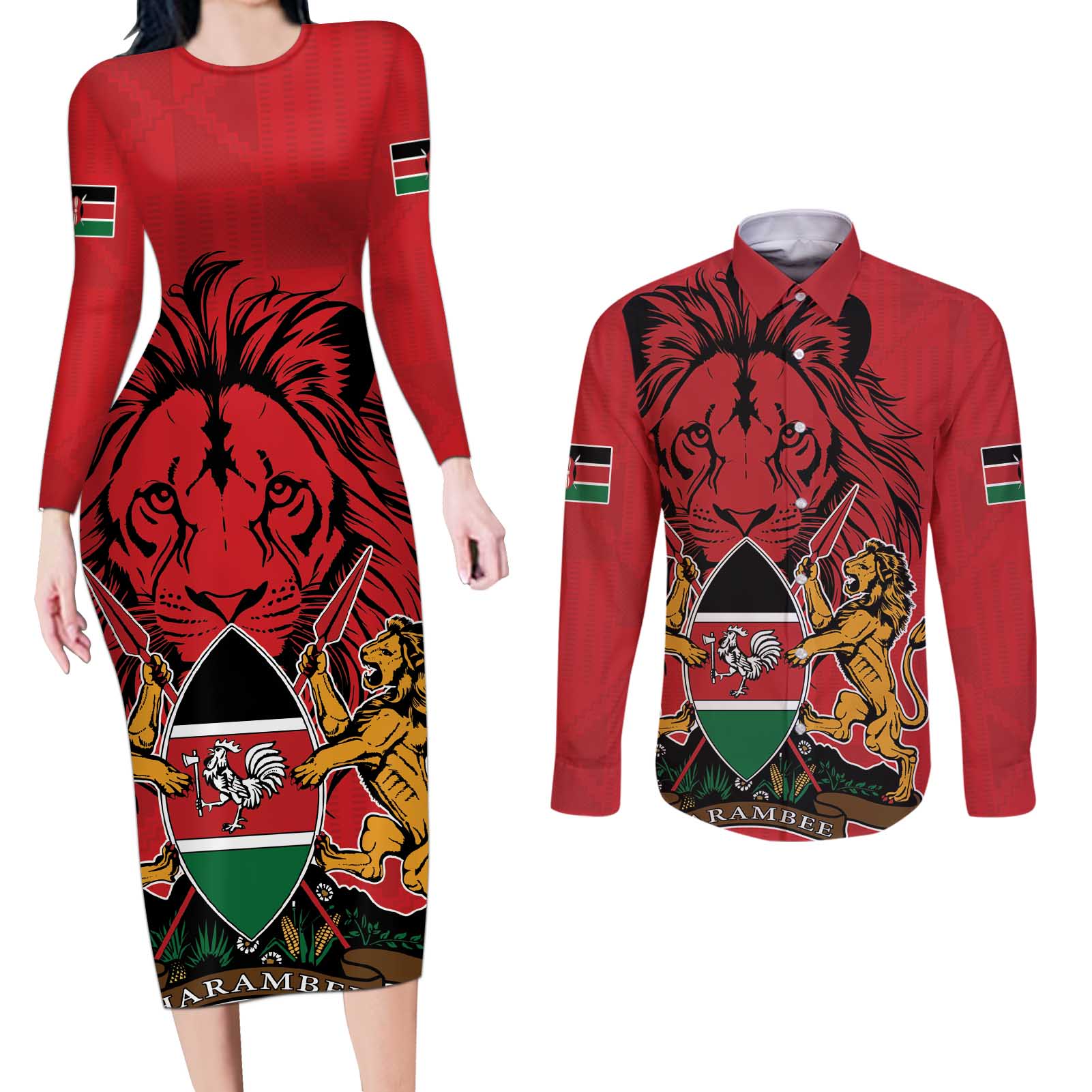 Kenya Couples Matching Long Sleeve Bodycon Dress and Long Sleeve Button Shirt Coat Of Arms With Kente Patterns