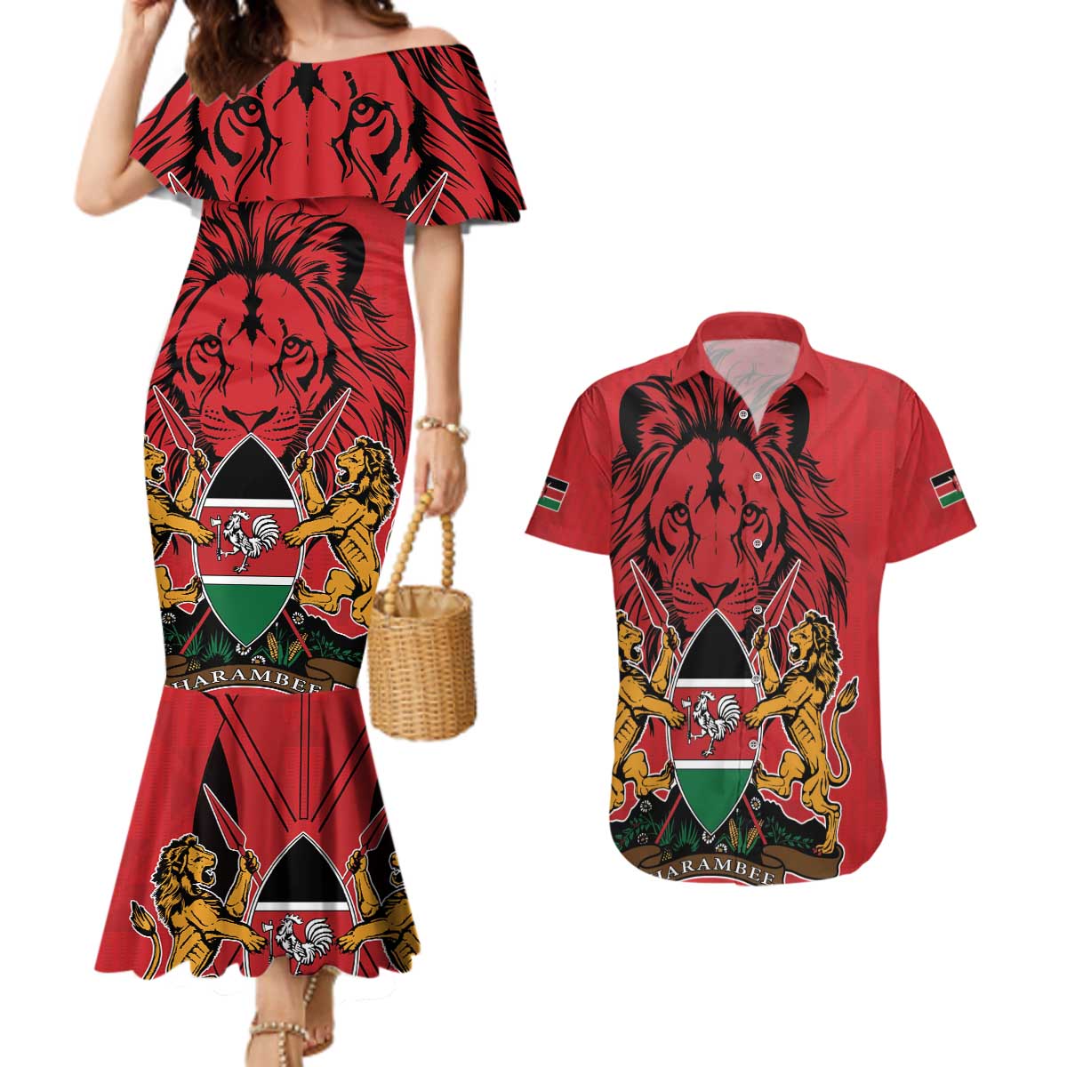 Kenya Couples Matching Mermaid Dress and Hawaiian Shirt Coat Of Arms With Kente Patterns