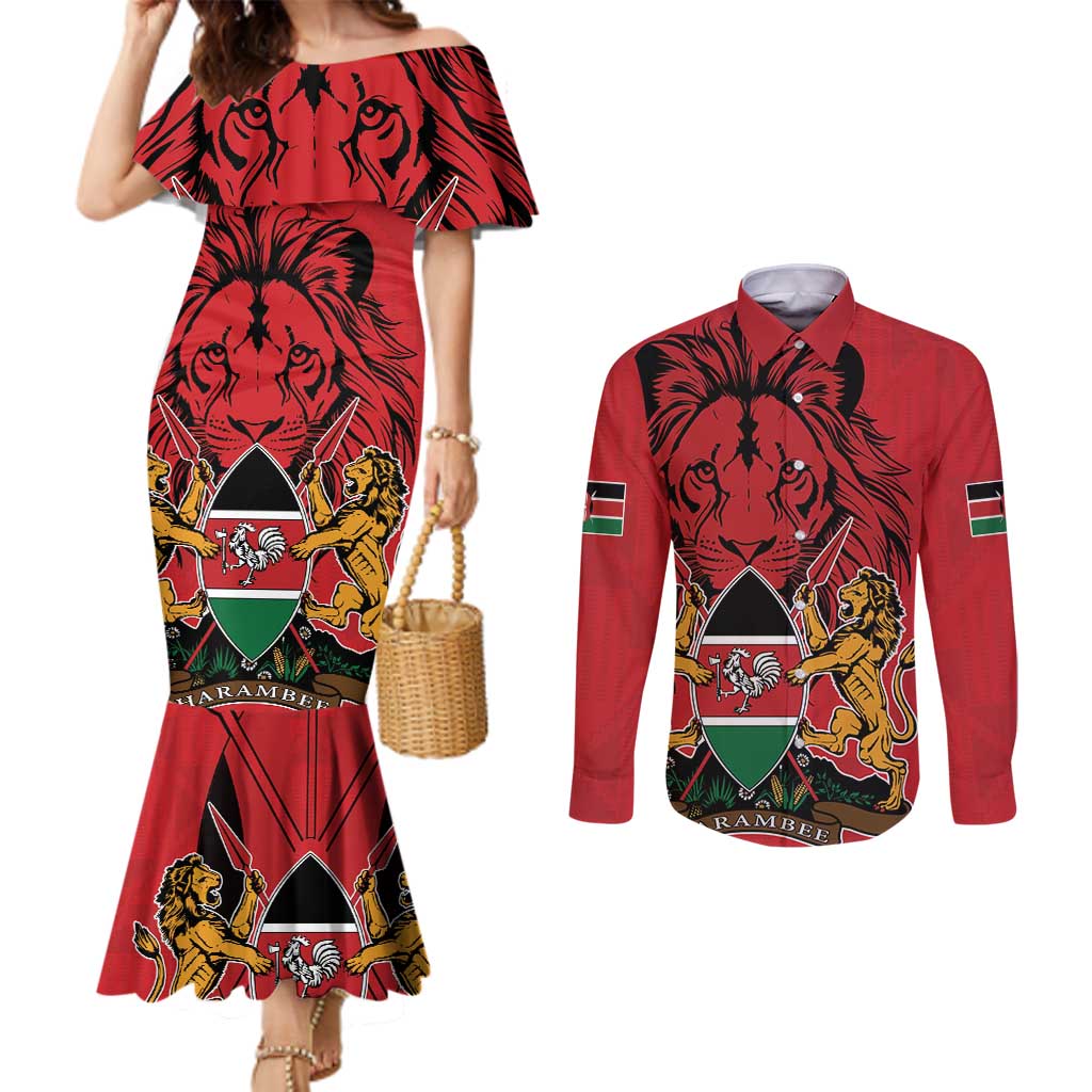 Kenya Couples Matching Mermaid Dress and Long Sleeve Button Shirt Coat Of Arms With Kente Patterns