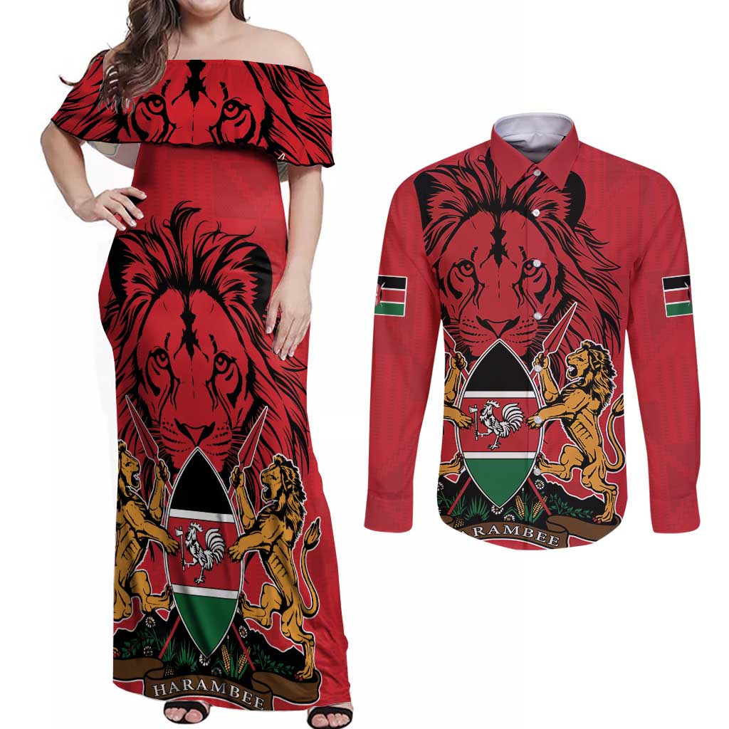 Kenya Couples Matching Off Shoulder Maxi Dress and Long Sleeve Button Shirt Coat Of Arms With Kente Patterns