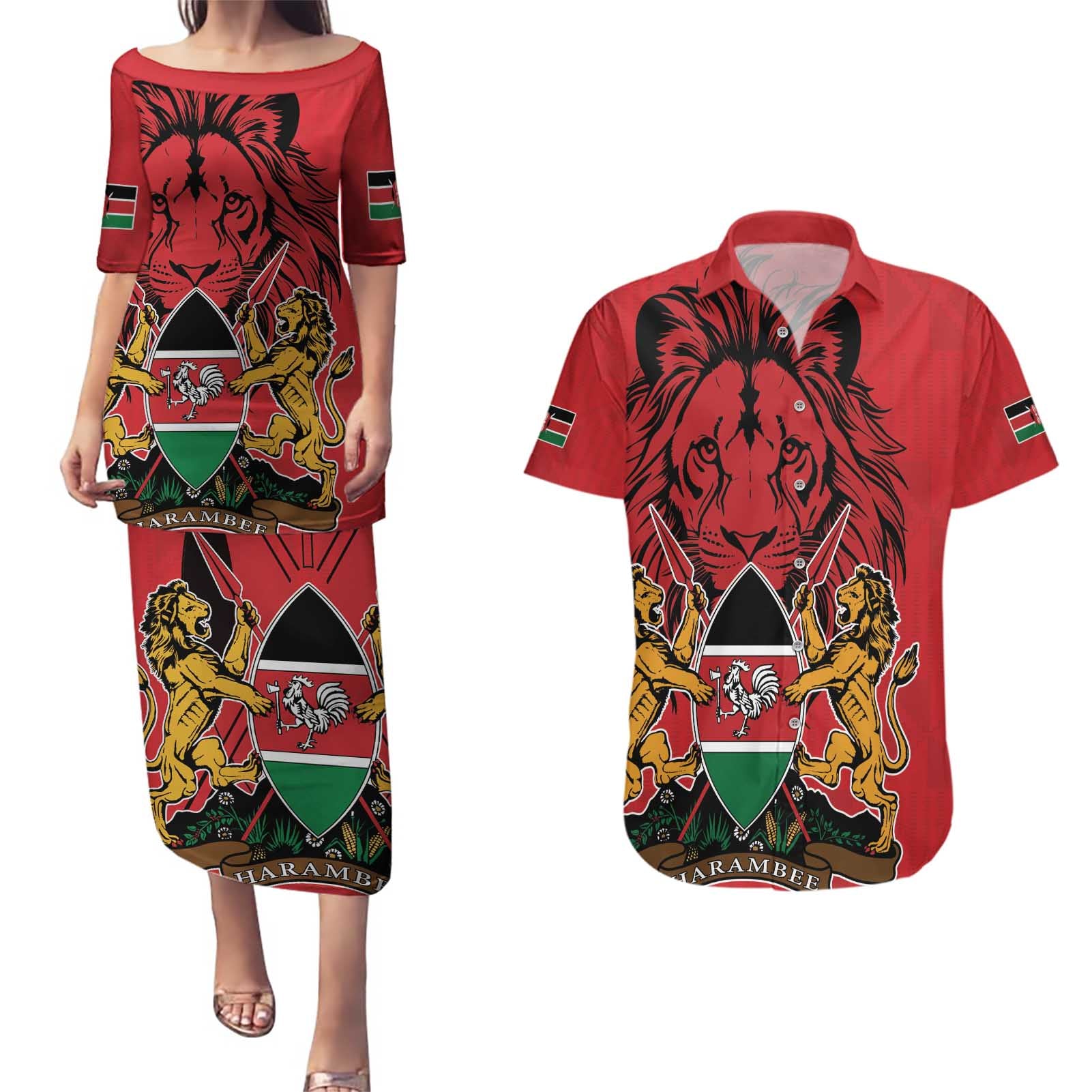 Kenya Couples Matching Puletasi and Hawaiian Shirt Coat Of Arms With Kente Patterns