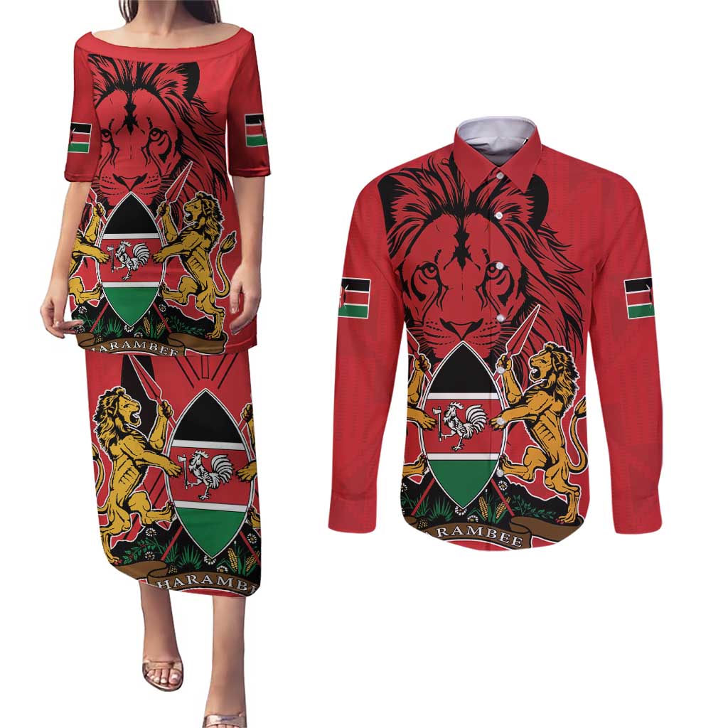 Kenya Couples Matching Puletasi and Long Sleeve Button Shirt Coat Of Arms With Kente Patterns