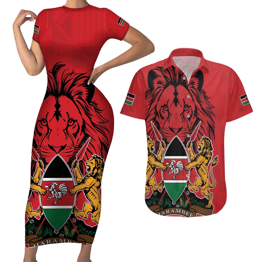 Kenya Couples Matching Short Sleeve Bodycon Dress and Hawaiian Shirt Coat Of Arms With Kente Patterns