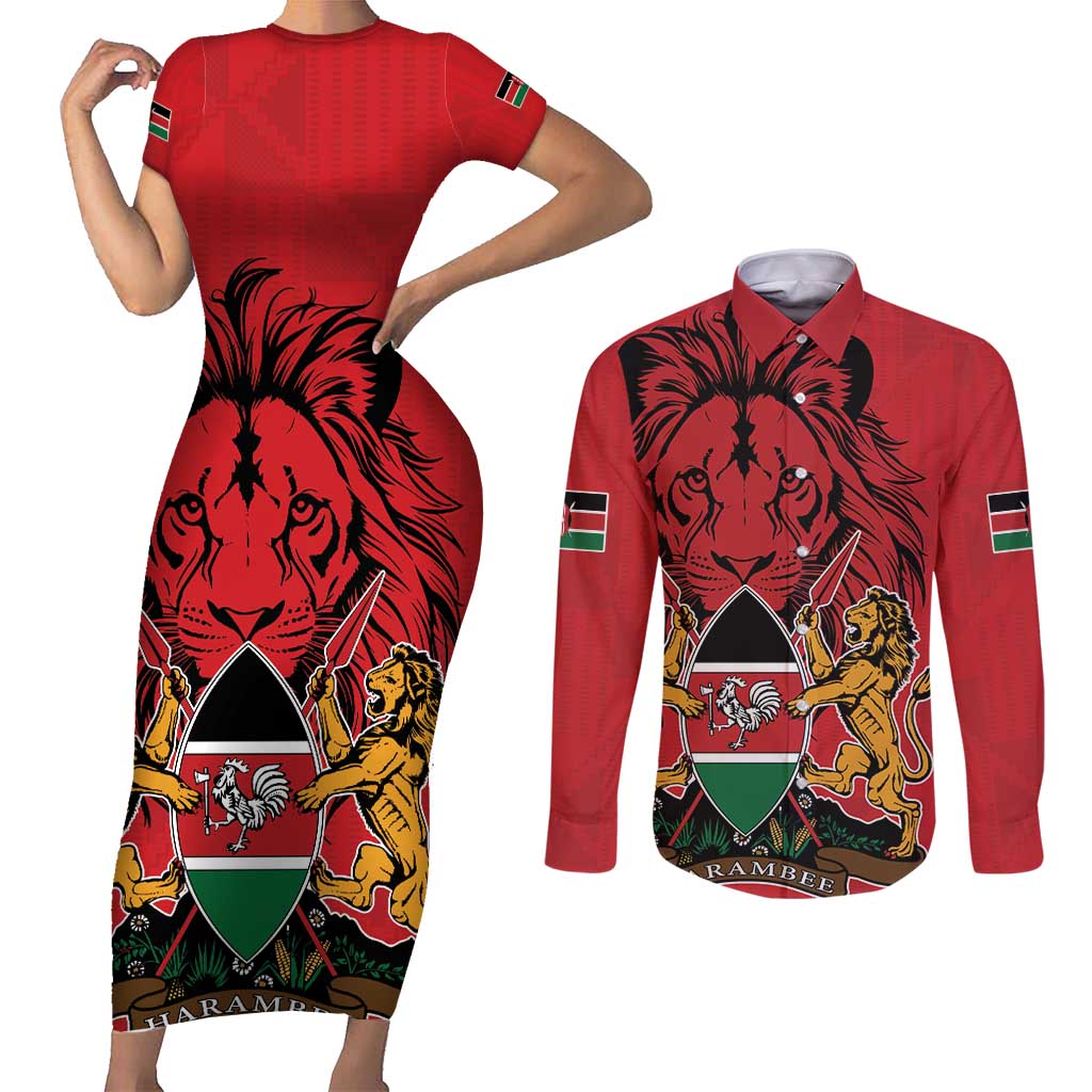 Kenya Couples Matching Short Sleeve Bodycon Dress and Long Sleeve Button Shirt Coat Of Arms With Kente Patterns