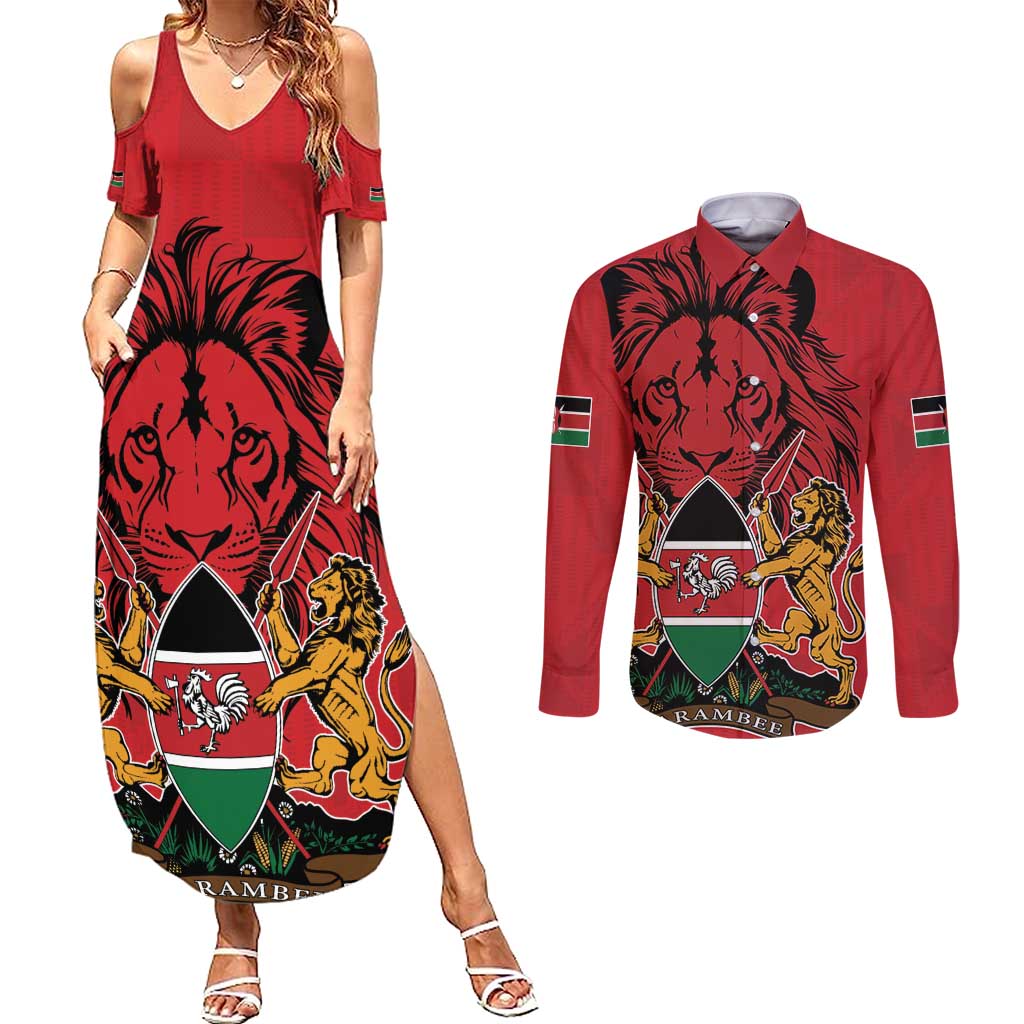 Kenya Couples Matching Summer Maxi Dress and Long Sleeve Button Shirt Coat Of Arms With Kente Patterns