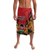 Red graphic shorts with Kenya coat of arms and kente-style lion print, elastic waist