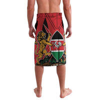 Red Kenya coat of arms shorts with lion crest and diamond graphic, elastic waistband