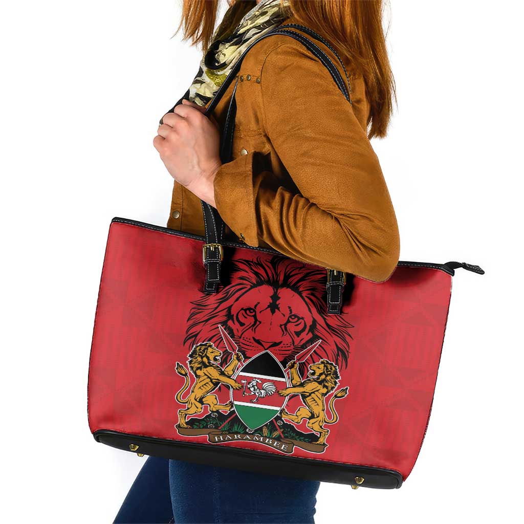 Kenya Leather Tote Bag Coat Of Arms With Kente Patterns