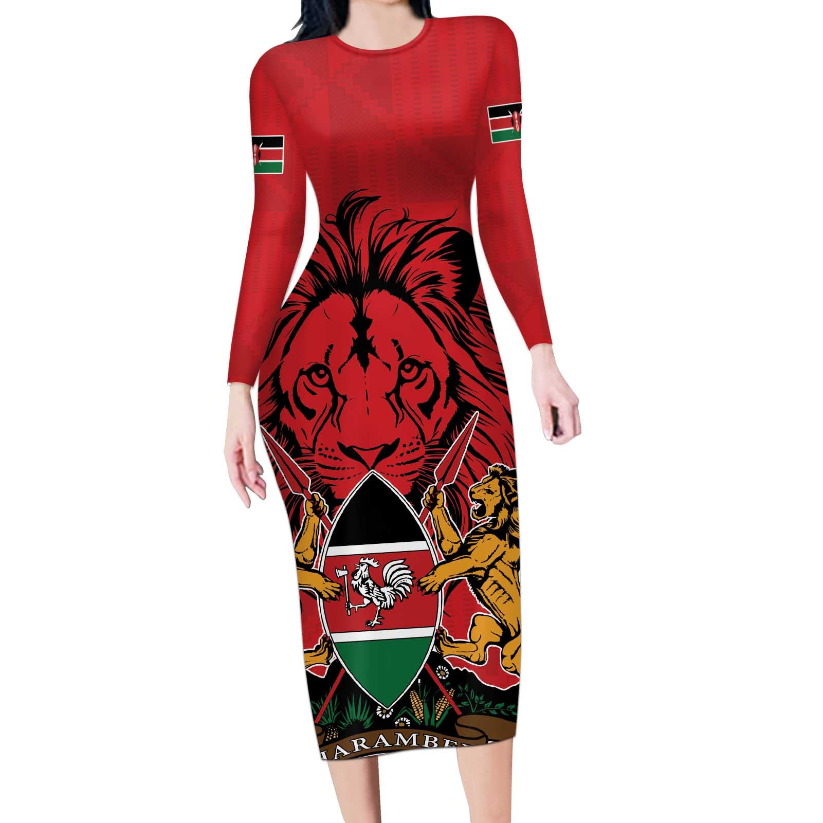 Kenya Long Sleeve Bodycon Dress Coat Of Arms With Kente Patterns