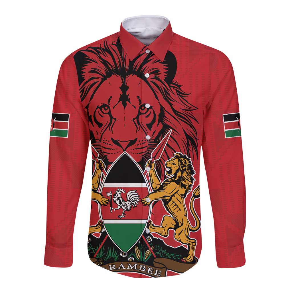 Red button-front long sleeve shirt coat with Kenya coat-of-arms and kente-style lion crest