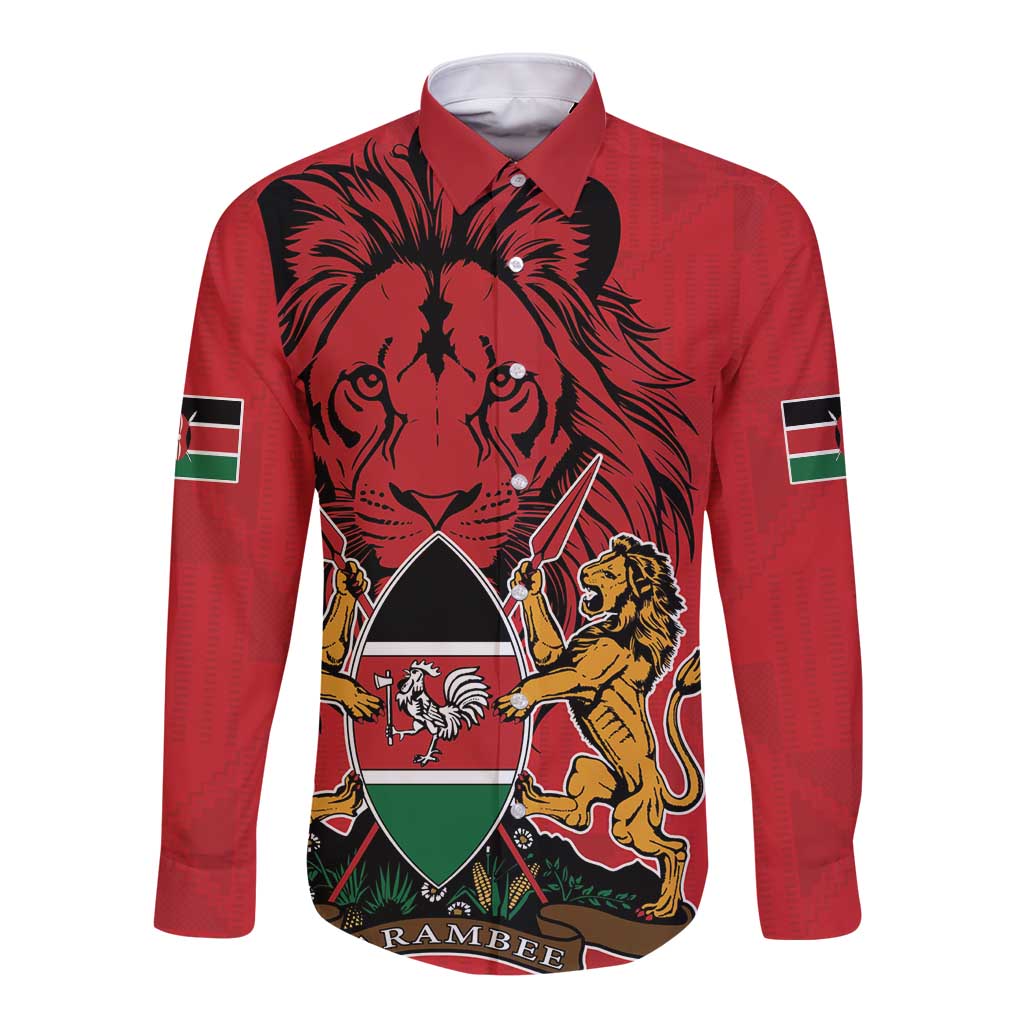 Kenya Long Sleeve Button Shirt Coat Of Arms With Kente Patterns