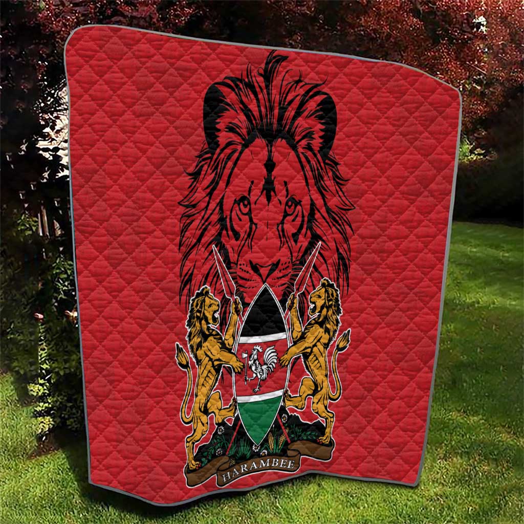 Red quilt with diamond pattern and Harambe coat of arms lion graphic