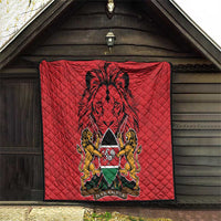 Red quilt wall hanging with diamond stitching and Harambe coat of arms emblem