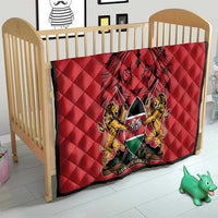 Red quilt with diamond pattern and Harambe coat of arms center graphic