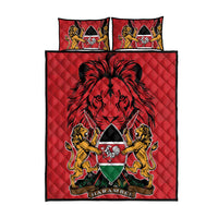Red quilt bed set featuring central lion-and-shield coat of arms on quilt cover