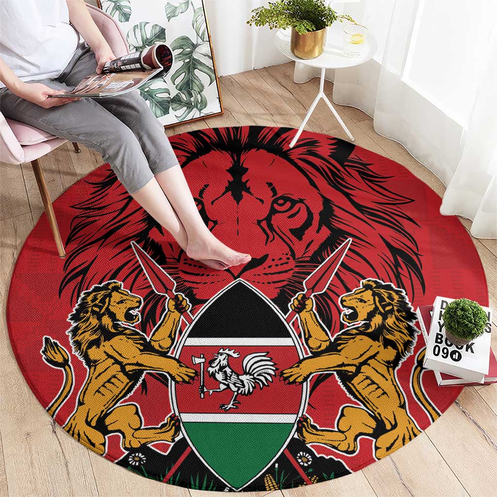 Red round carpet with coat of arms crest, lions at sides, bold circular layout