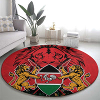 Red round carpet with coat of arms shield, lion figures, kente-style border
