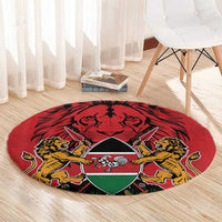 Red round carpet with coat of arms crest and lions, circular design