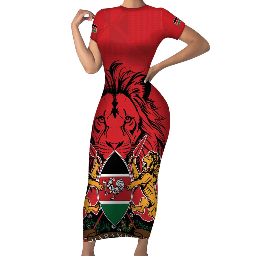 Kenya Short Sleeve Bodycon Dress Coat Of Arms With Kente Patterns