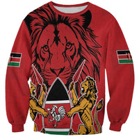 Red crewneck sweatshirt with lion, rooster and Kenya crest kente-style graphic