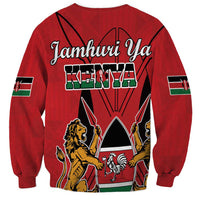 Red sweatshirt back with Kenya text, lion crest and kente-patterned graphic