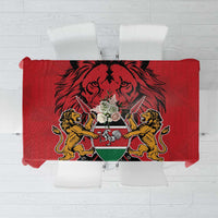 Red tablecloth with detailed lion-and-shield coat of arms center panel
